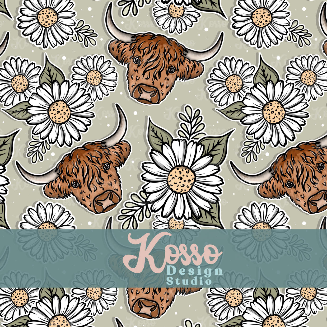 Highland Cow Spring Stickers - Non exclusive - Seamless Design